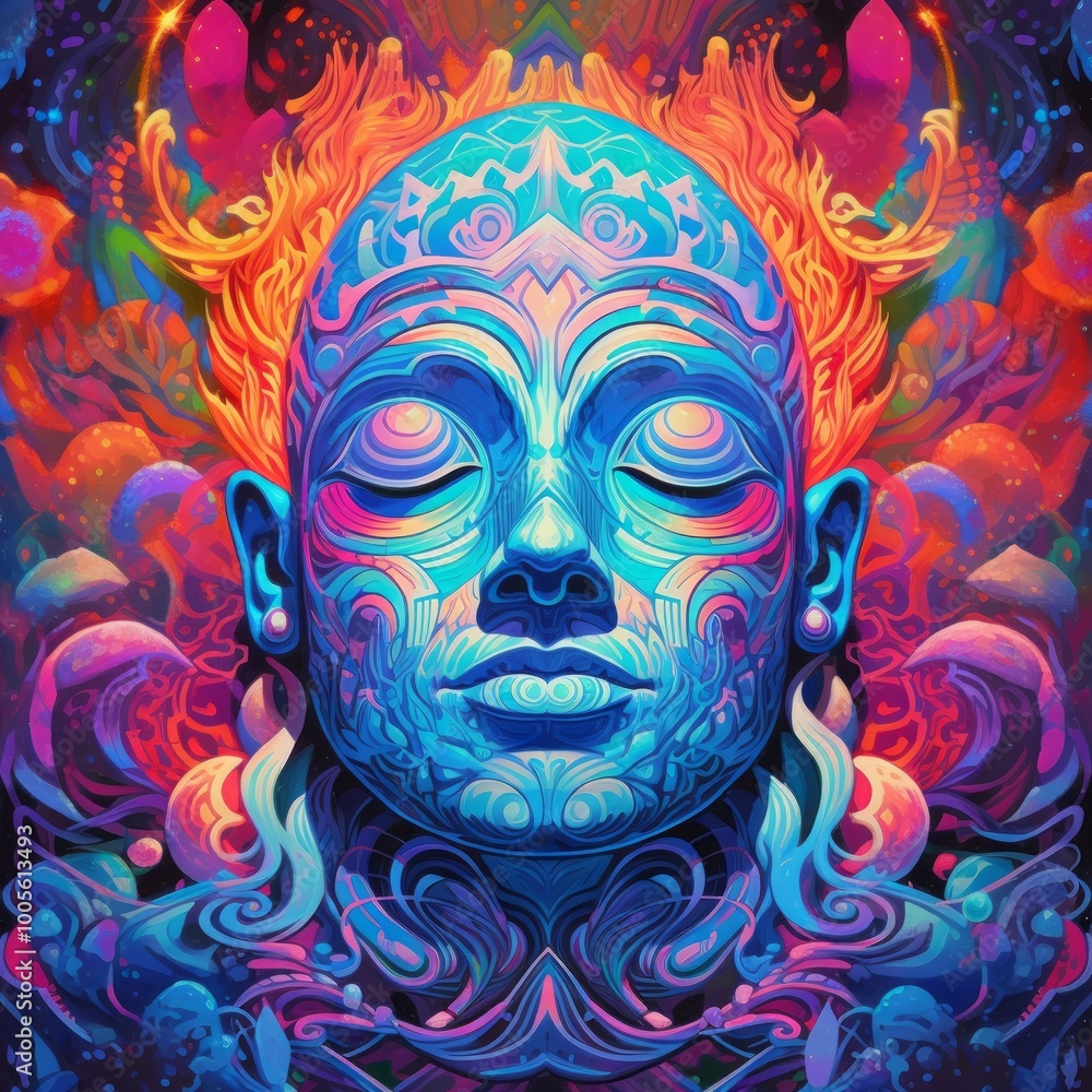 Naklejka premium A vibrant, psychedelic portrait of a serene figure with intricate patterns.