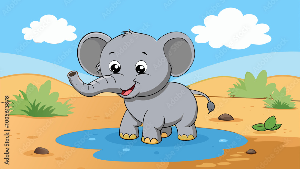 Cute baby elephant cartoon playing in water puddle outdoors Cute baby elephant cartoon playing in water puddle outdoors