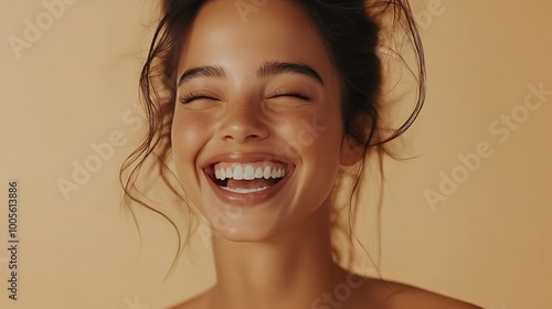 Close-up of a woman's genuine beauty smile, her skin a canvas of skincare dedication, set against a beige studio background, her happiness and health an inspiration