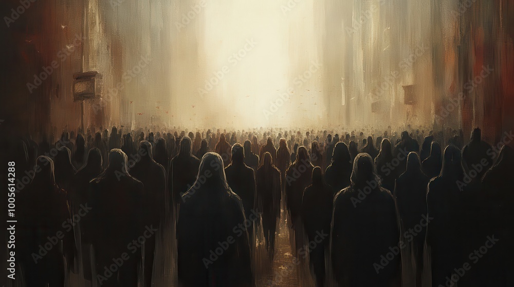 Obraz premium A Large Crowd of People in Silhouettes Facing a Bright Light