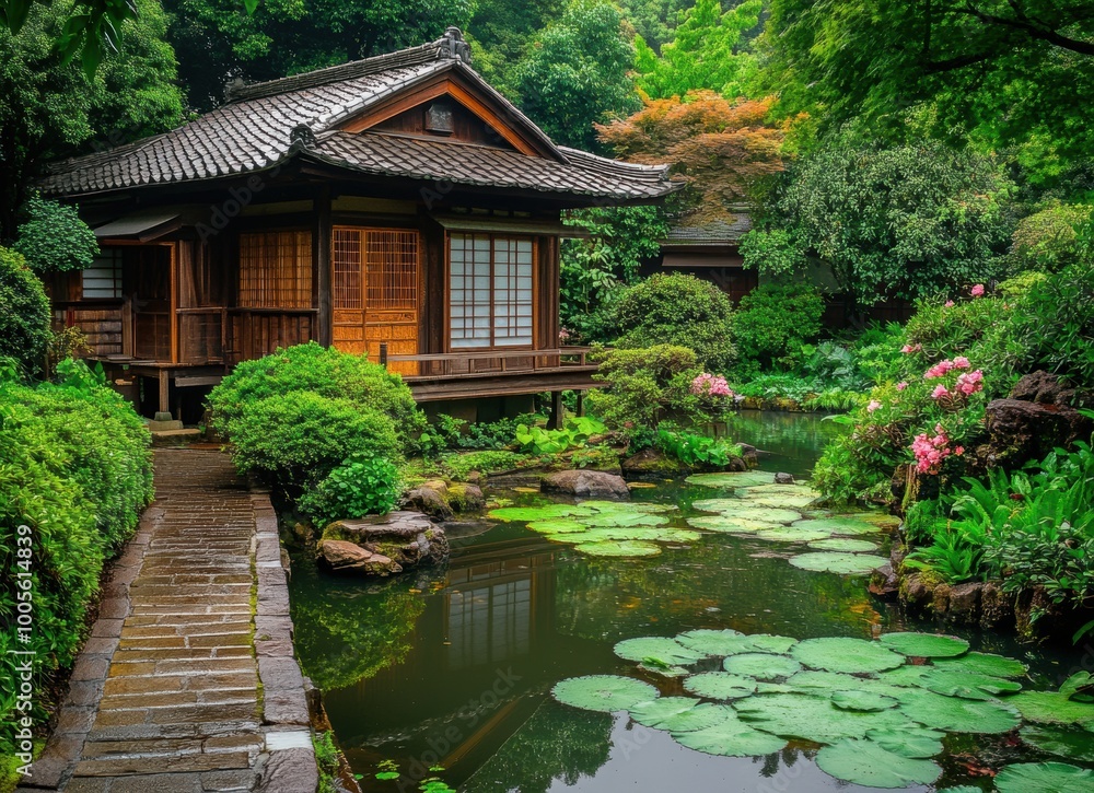 Fototapeta premium Japanese Garden Pond House.