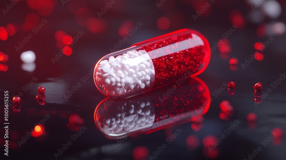 Red and white capsule pill with granules on reflective surface Red and white capsule pill with granules on reflective surface