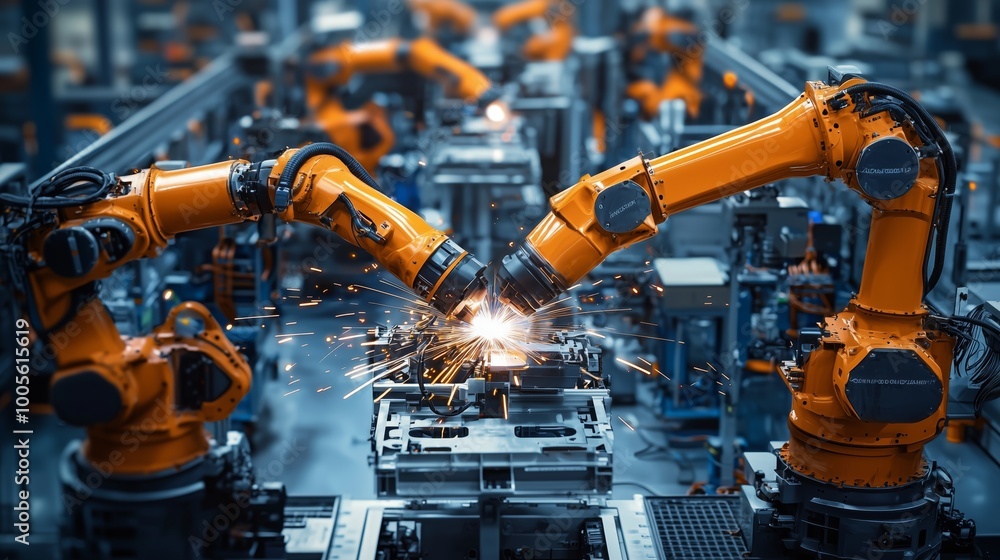 Robotic Arms Welding Parts in Industrial Setting Robotic Arms Welding Parts in Industrial Setting
