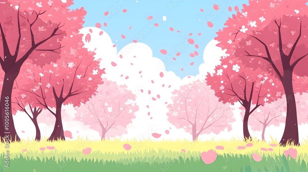 Fototapeta premium Vibrant cherry blossom festival scene with lush pink floral blooms and foliage decorating the trees in a flat design style Ideal for nature spring and outdoor event concepts