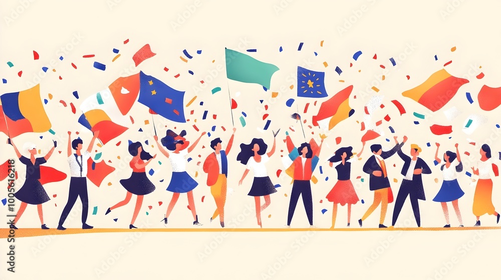 Vibrant Bastille Day parade in France with people waving French national flags in a colorful flat design Festive public event showcasing French culture patriotism and national pride Vibrant Bastille Day parade in France with people waving French national flags in a colorful flat design Festive public event showcasing French culture patriotism and national pride