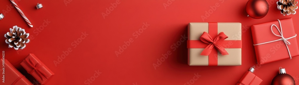 Festive red background with Christmas gifts, pine cones, and baubles. Ideal for holiday cards, seasonal promotions, and festive decorations. Festive red background with Christmas gifts, pine cones, and baubles. Ideal for holiday cards, seasonal promotions, and festive decorations.