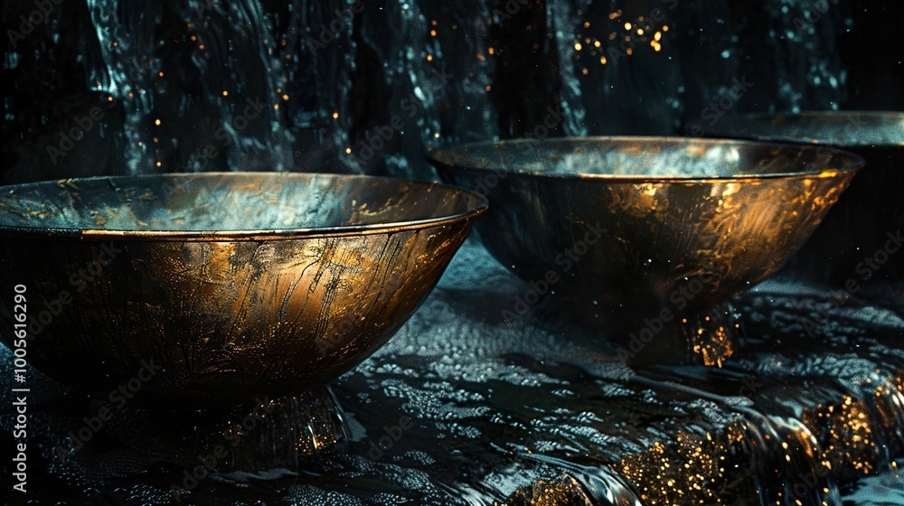 Golden Bowls Under Water Cascade: A Minimalist Still Life Golden Bowls Under Water Cascade: A Minimalist Still Life