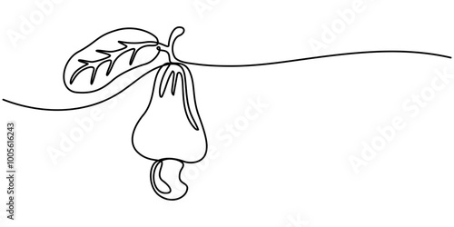 Single continuous line drawing whole healthy organic cashew apple for orchard logo identity. Fresh Brazil caju concept for fruitage garden icon, pro vector illustration.