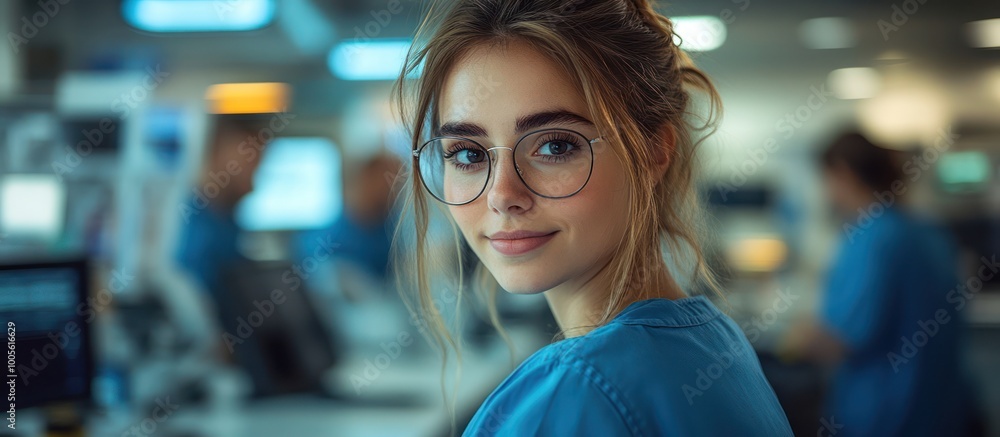 A young woman wearing glasses and a blue shirt, looks at the cam A young woman wearing glasses and a blue shirt, looks at the cam