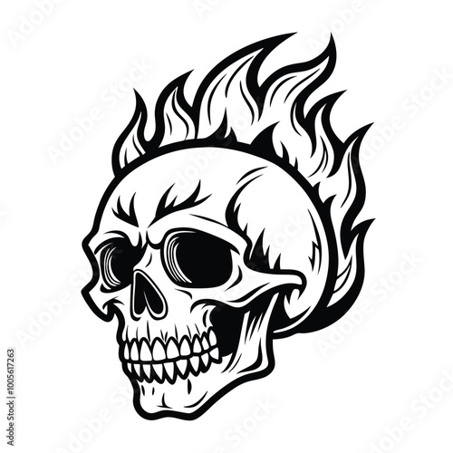 Solid color overheated fire skull illustration design facing sideways isolated on white background