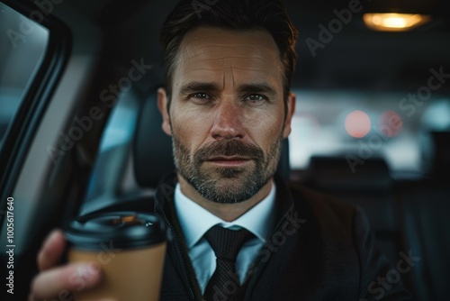 A man in a suit sits in a car, holding a coffee cup. AI.