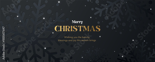 Beautiful sparkling Xmas background in night black color with snowflakes and shining falling snow. Luxury design template for Christmas card, poster, holiday cover, web banner, ads