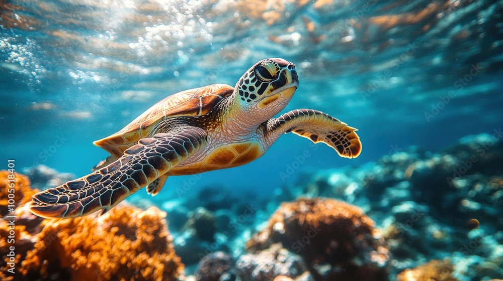 Obraz premium Sea turtle swimming underwater in vibrant coral reef during daylight