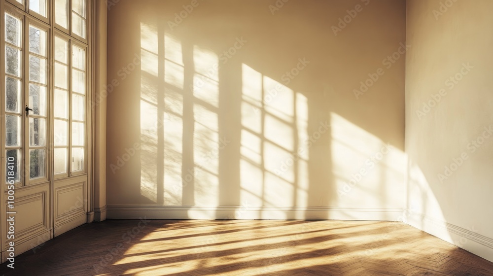 Obraz premium A sunlit room with soft shadows and wooden flooring, evoking tranquility and space.