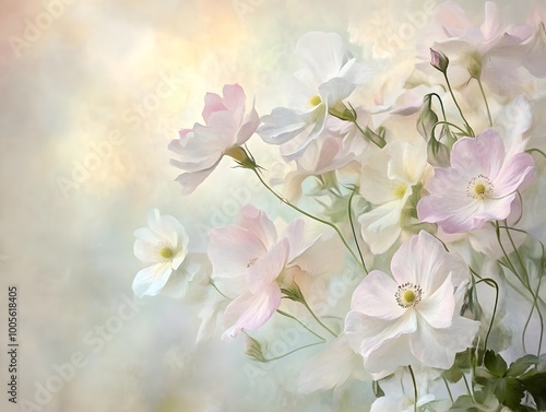 Dreamy Pastel Floral Arrangement with Delicate Petals and Soft Hues Evoking Serene Ambiance and Ethereal Impressionistic Style