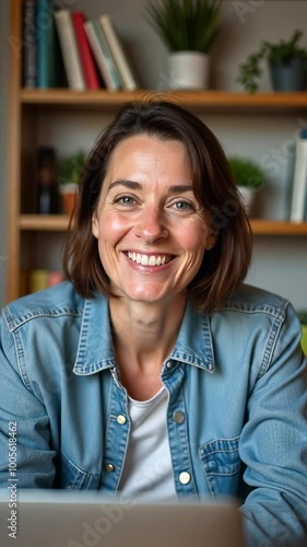 A woman is smiling and sitting in front of a laptop. She is wearing a blue shirt and white shirt