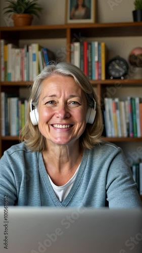 A woman wearing headphones and smiling. She is sitting in front of a laptop. Scene is happy and relaxed