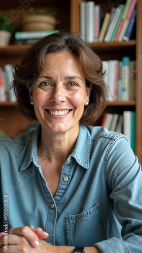A woman is sitting at a desk with a bookcase behind her. She is smiling and wearing a blue shirt