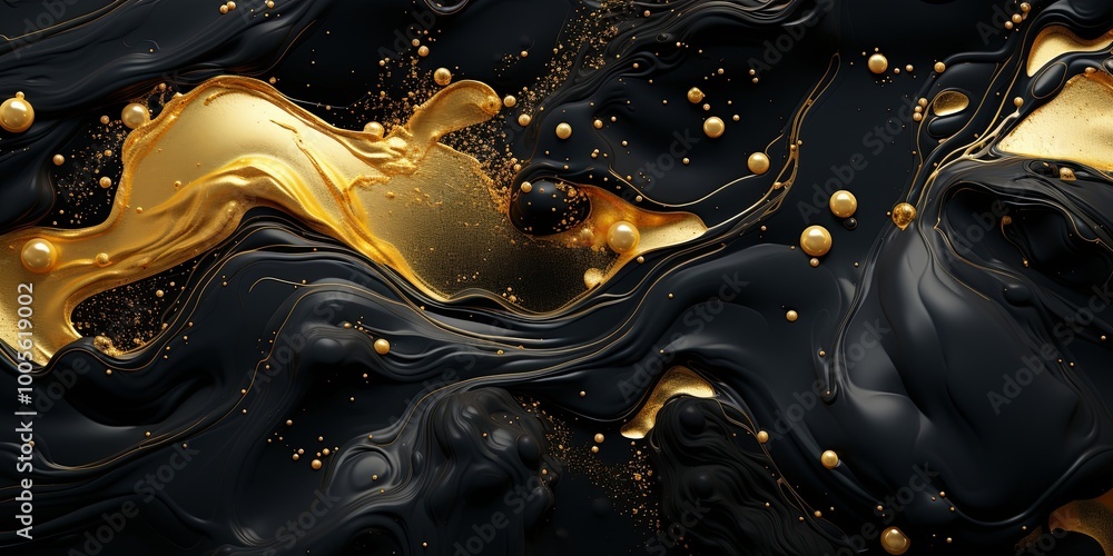 Abstract Swirling Pattern of Black and Gold Liquid with Scattered Spheres Abstract Swirling Pattern of Black and Gold Liquid with Scattered Spheres