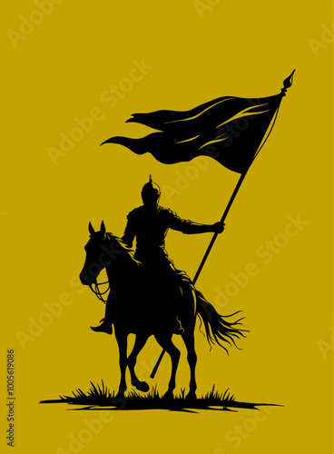 illustration silhouette for an Arabian knight on a horse raising a blank flag template coloring page design