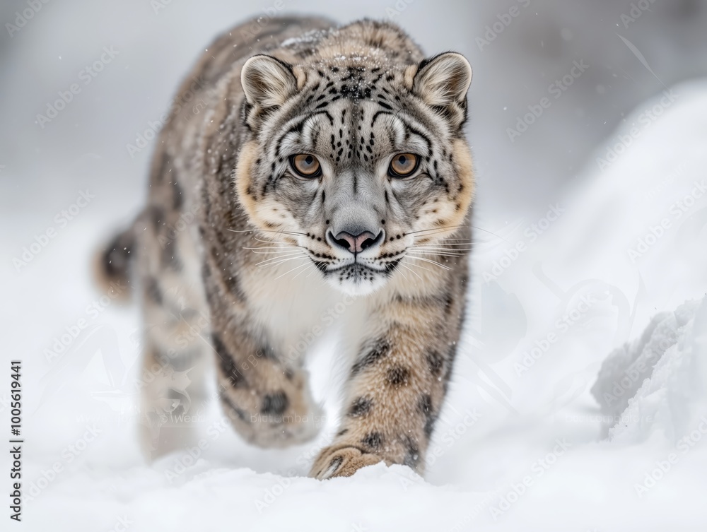 Obraz premium Snow Leopard Walking Through Snowy Landscape