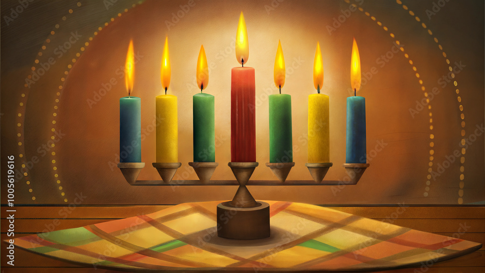 Artistic Kwanzaa candle holder with lit candles on colorful cloth Artistic Kwanzaa candle holder with lit candles on colorful cloth