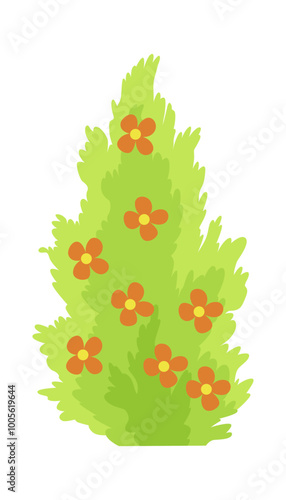 Bush with flowers icon. Cartoon forest and park shrubbery with floral elements. Landscape scene create element. Vector cartoon illustration