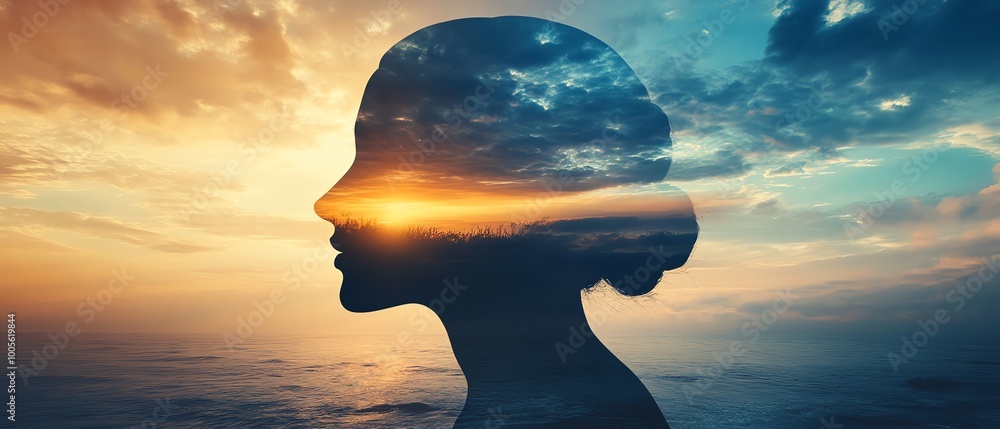 Silhouette of a human head with a peaceful landscape inside, representing inner calm and mental tranquility, clear copy space for promotional content Silhouette of a human head with a peaceful landscape inside, representing inner calm and mental tranquility, clear copy space for promotional content