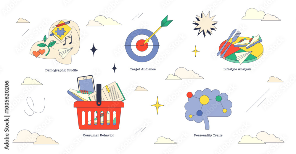 Psychographic Data Illustration of psychographic segmentation with icons for demographic ...