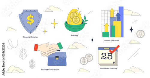 Illustration showing financial security, nest egg, growth over time, employer contribution, and retirement planning in neubrutalism style collection, transparent background.