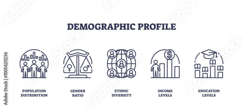 Outline icons representing population distribution, gender ratio, ethnic diversity, income levels, and education levels, transparent background. outline icons set