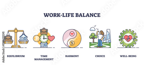 Illustration showing work-life balance concepts with scales, clock, and person in park, transparent background. Outline style collection
