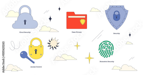 Neubrutalism style collection image showcasing data protection with icons of cloud security, data privacy, and biometric security, transparent background.