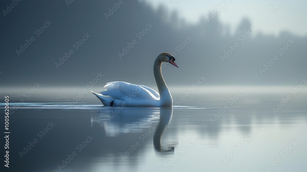 Fototapeta premium Serene Swan Gliding Across a Quiet Pond at Dawn