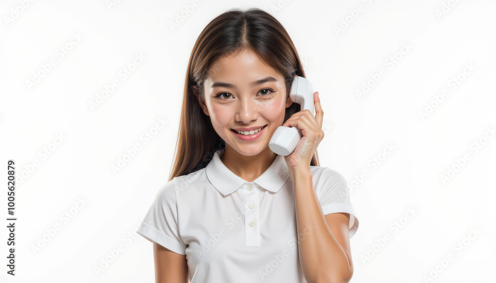Smiling woman with telephone, white isolate background Smiling woman with telephone, white isolate background