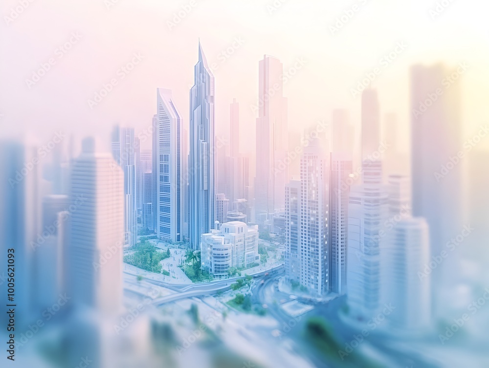 Fototapeta premium Serene pastel hued cityscape with towering angular skyscrapers and winding avenues shrouded in a dreamy atmospheric haze captured with a cinematic tilt shift technique to create a miniature