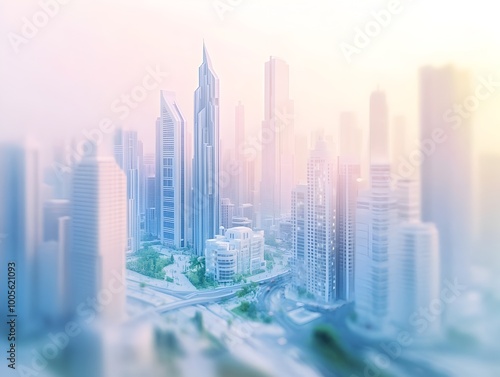 Serene pastel hued cityscape with towering angular skyscrapers and winding avenues shrouded in a dreamy atmospheric haze captured with a cinematic tilt shift technique to create a miniature