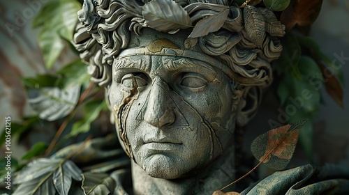 Ancient Stone Bust with Foliage: A Study in Time and Decay