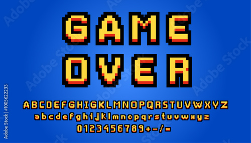 8-bit game pixel font, geometric type, abstract computer typeface, english alphabet. Retro game console font typeset, English ABC vector pixelated letters and digits or alphabet 8bit mosaic symbols