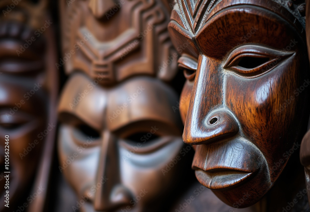 High-Resolution Shot of Colorful African Masks on Rustic Fabric