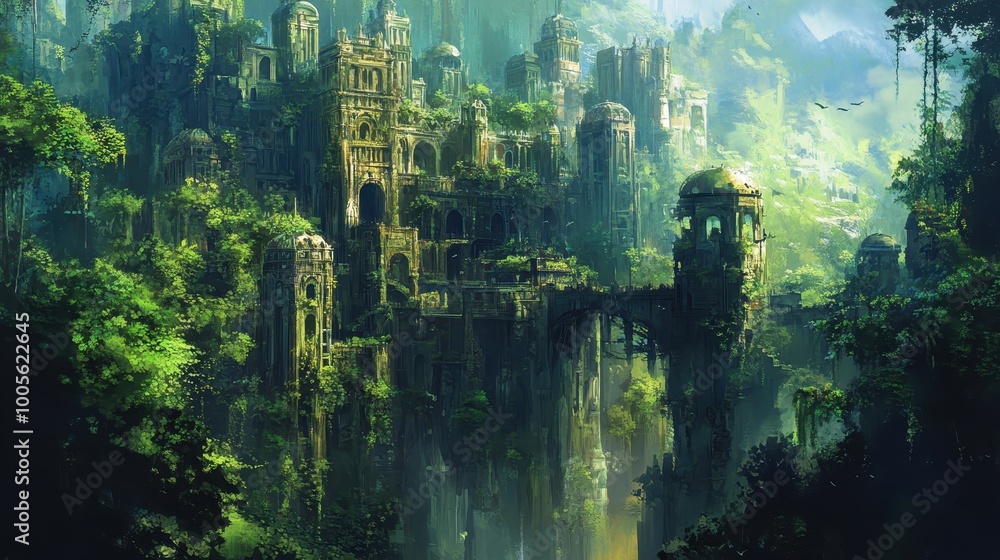 Fototapeta premium Overgrown Ruins of an Ancient City in a Verdant Jungle