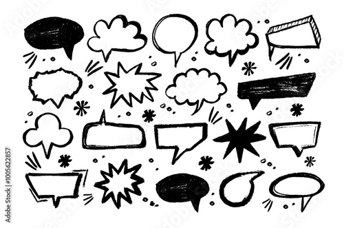 Empty  hand drawn grunge crayon, charcoal, chalk speech bubbles set in doodle style.
