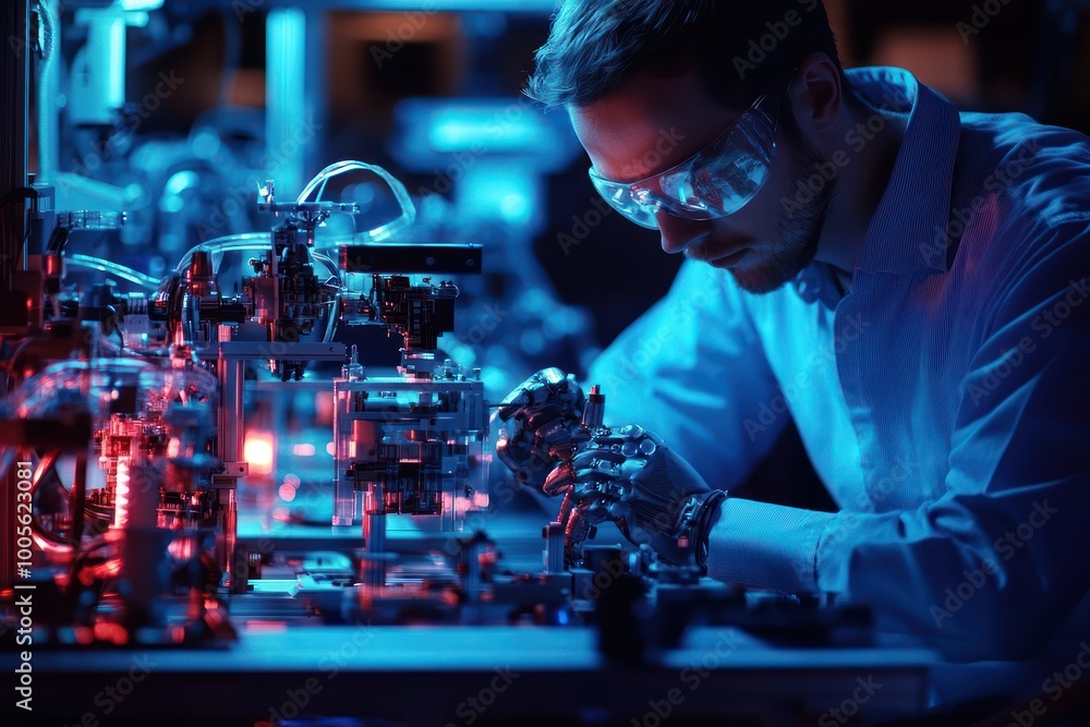 A man in safety glasses uses a robotic arm to work on a complex machinery in a futuristic factory. A man in safety glasses uses a robotic arm to work on a complex machinery in a futuristic factory.
