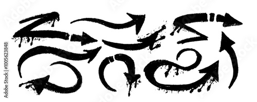 Graffiti paint spray emphasis arrows with splatter and dripping ink. Rough urban emphasis tag lines with splash spray. Vector illustration of up and down cursor symbols pointing, dirty grunge icon