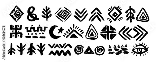 Set with  Ethnic Aztec, African abstract shapes  and symbols. Native American ancient silhouette collection. Vector African elements hand-drawn in doodle style
