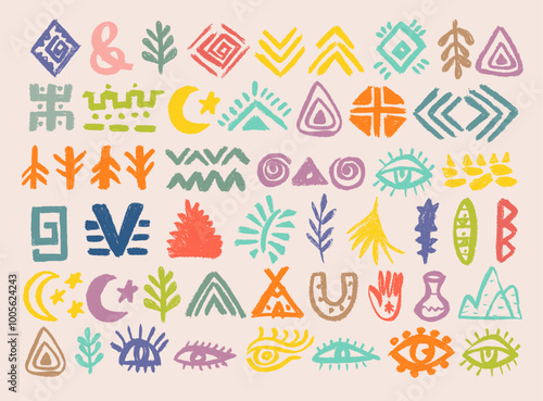 Set with african, aztec pattern colorful elements, symbols, icons, hand-drawn in doodle style. Set of abstract african tribal geometric shapes, ancient ethnic traditional symbols and ornate signs.