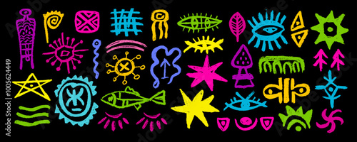 Set of Mexican colorful sign and symbols. Abstract aztec totem idols, ancient inca maya civilization primitive traditional signs. Vector ornament of native americans, aztecs, maya, incas.