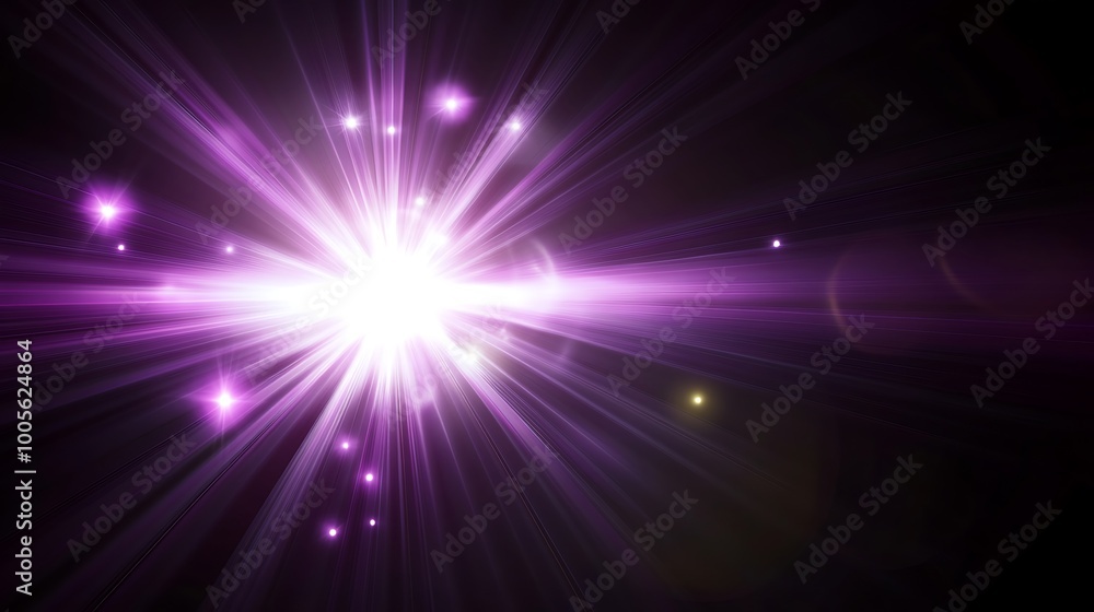 Fototapeta premium Bright purple light burst with glowing particles on a black background.
