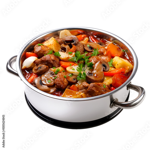 Spicy hot pot with meat, vegetables, and mushrooms in a silver pot on transparent 