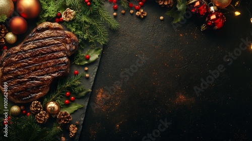 Christmas supper for two: a stone table with grilled beef steak, ribeye, vegetables, and seasonings; toys for the New Year's with copy space